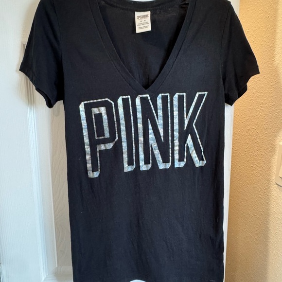 PINK Victoria's Secret Black and Silver V-Neck Top - Picture 1 of 4